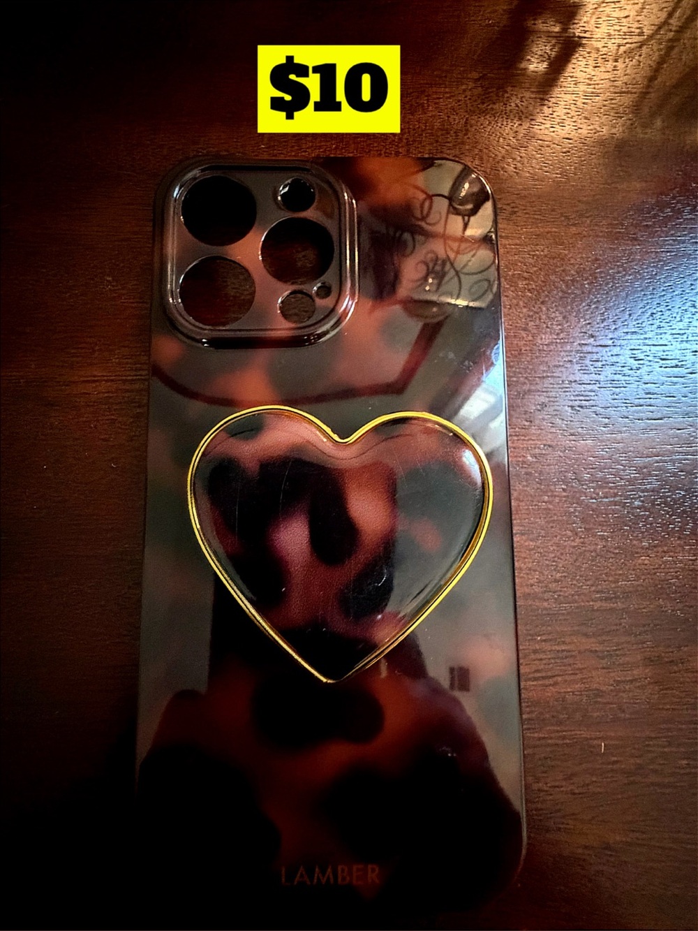 14 pro max Tortoiseshell iPhone Case with Gold Heart Pop Grip - Lamber - Brown
